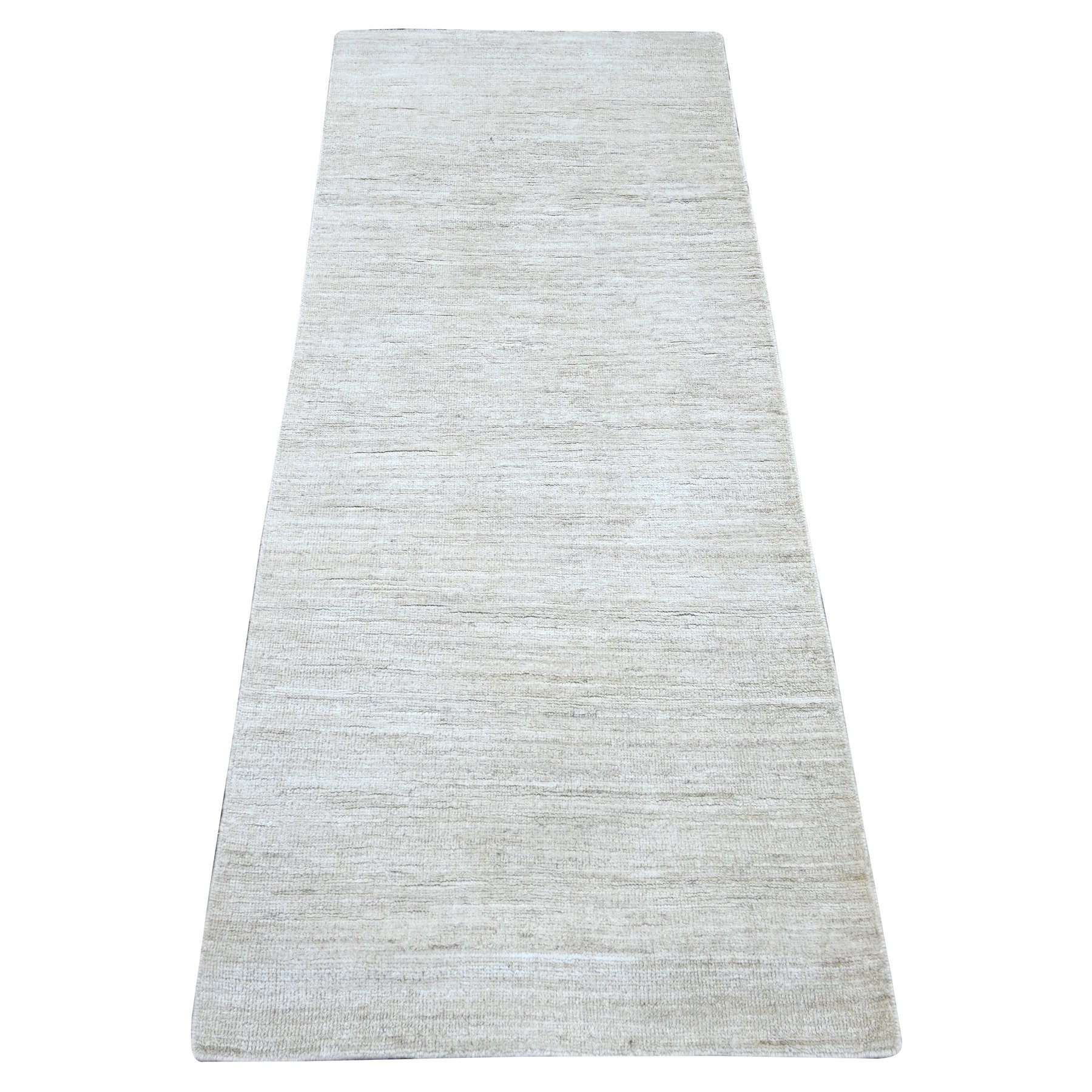 2'5"x5'10" Daisy White, Plain Solid Pattern, Hand Knotted, Hand Spun Ghazni Wool, Lush and Plush, Runner, Oriental Rug 